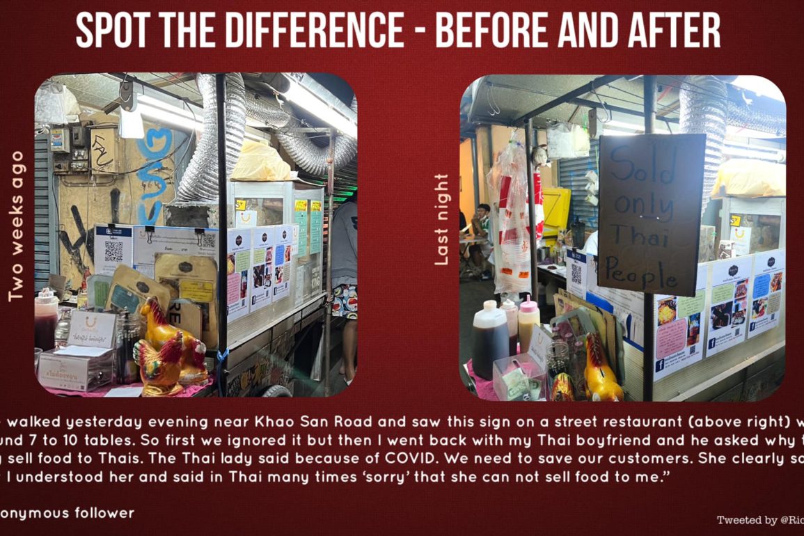 Two photos of the same thing, latest photo with sign saying they will only sell to Thai people