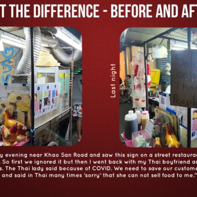 Two photos of the same thing, latest photo with sign saying they will only sell to Thai people